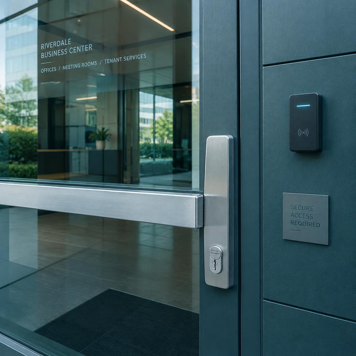 Commercial glass entry door with stainless push bar, lock cylinder and card access reader