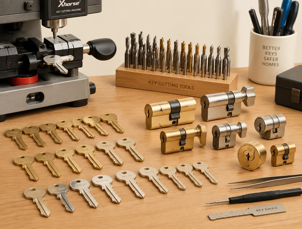 Commercial keys, lock cylinders and key cutting equipment on a locksmith workbench